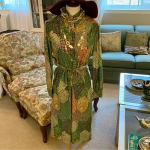 Vintage Button Down Tie Waist Belted Patchwork Silky Dress L